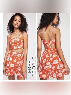 Free People Orange Floral set with tie-Back Cami Top and ruffled mini skirt, xs
